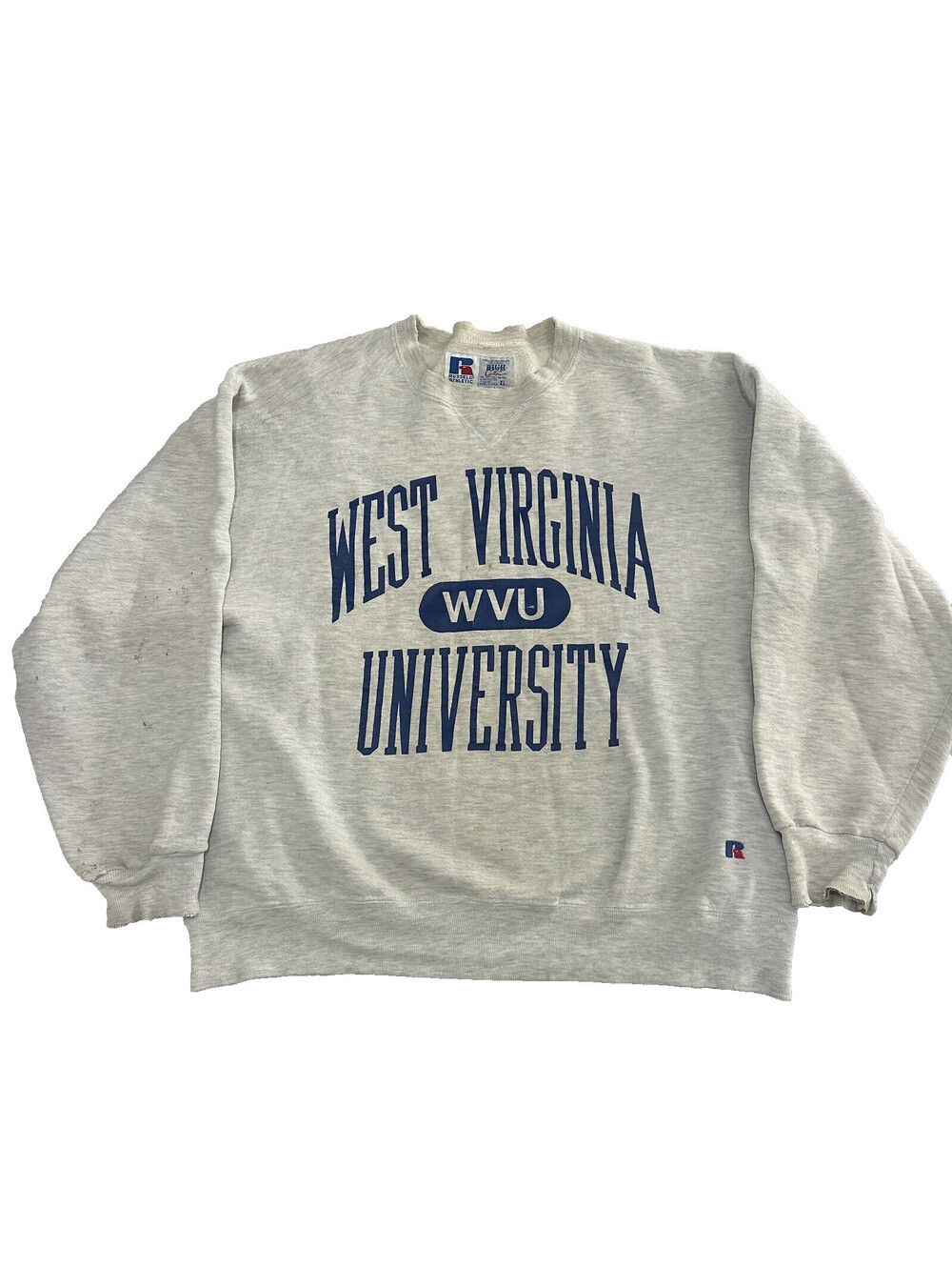 VTG Russell USA West Virginia Sweatshirt XL Crewneck Mountaineers Gray Distress